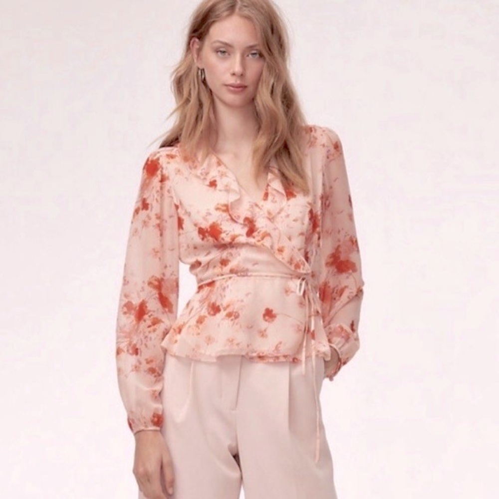 Aritzia Wilfred Nadine Blouse - pink floral wrap chiffon long sleeve - XXS